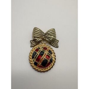 Butler and Wilson Vintage Gold Tone Bow Plaid Enamel Pendant Brooch Pin E3311